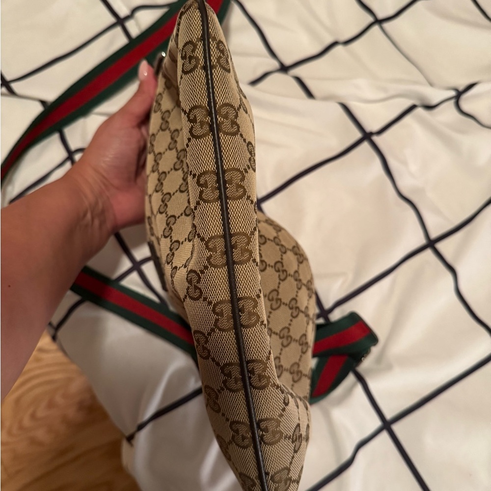 Gucci Tan Monogram Shoulder Bag with Green and Red Strap